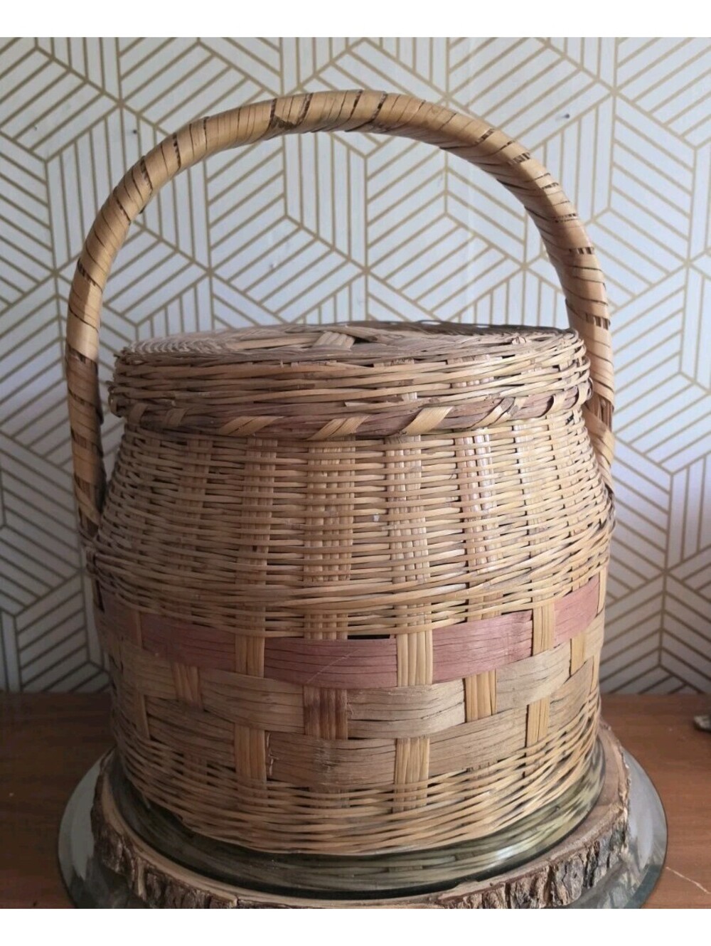 Vintage Ex Large Wicker Basket w/ Lid & Handle Covered Storage